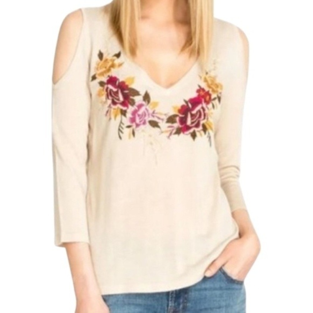 Johnny Was Sweater Womens Medium Tan Silk Cashmere Floral Cold Shoulder M58118-D
